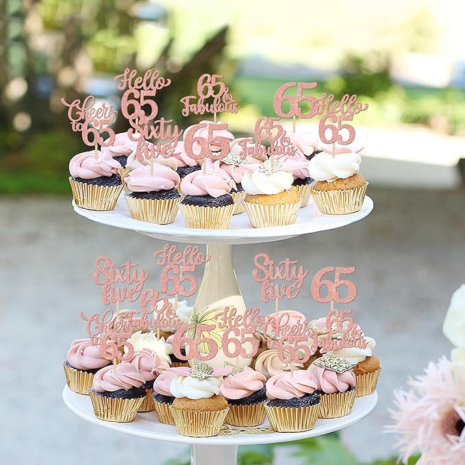 30PCS Happy 65th Birthday Cupcake Toppers Glitter Hello 65 Fabulous Sixty Five Cheers to 65 Years Old Birthday Cupcake Picks for Happy 65th Birthday Anniversary Party Cake Decor Supplies Rose Gold