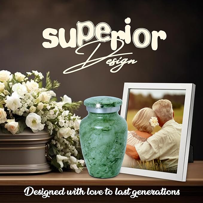 Small Keepsake Urn for Human or Pet Ashes – Handcrafted Light Green Marble Mini Urn with Velvet Bag & Gift Box | Durable Metal Memorial Token Jar for Baby, Infant, Pet or Loved One – 3 Cu in
