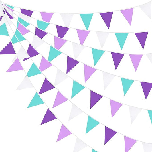 10M/32Ft Purple Aqua Blue and White Banner Decorations Triangle Flag Fabric Pennant Bunting Garland for Little Mermaid Theme Girls Birthday Wedding Bachelorette Baby Shower Under The Sea Party(36Pcs)