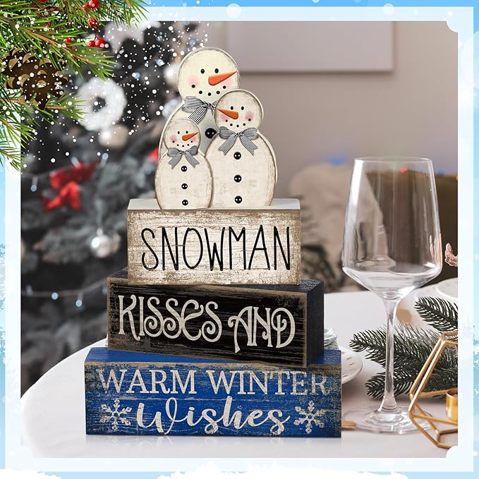 4 Pcs Christmas Table Decor Winter Snowman Wooden Table Decorations Rustic Signs Tiered Tray Decor Wood Farmhouse Vintage Ornaments Winter Christmas Gift for Kitchen Home Desk