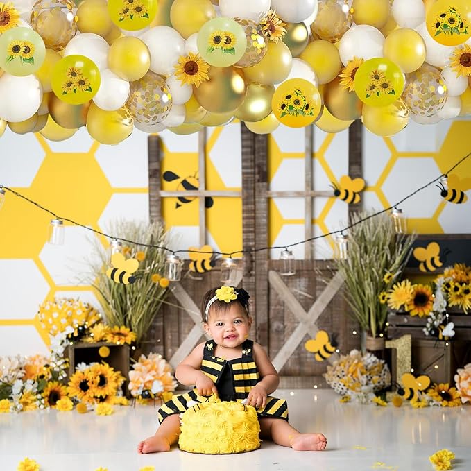 Sunflower Yellow Gold Balloons - 12 Inch Sunflower Bee Theme with Metallic Gold Confetti for Kids Birthday & Baby Shower Party Decorations