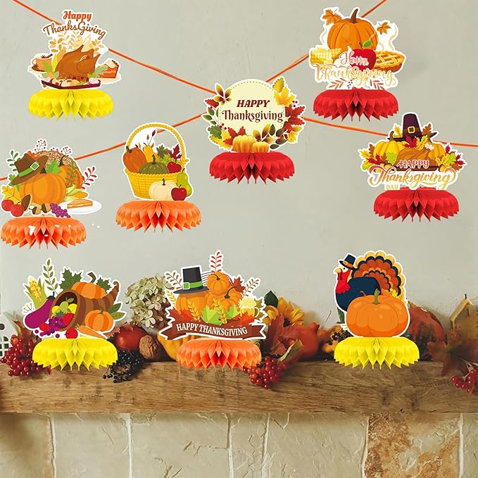 9Pcs Thanksgiving Centerpiece Fall Centerpiece Table Decorations Pumpkin Turkey Honeycomb Thanksgiving Table Centerpiece for Thanksgiving Table Decoration Autumn Theme Birthday Party Supplies
