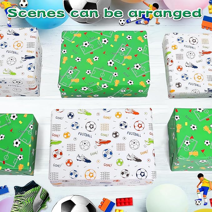 Wrapping Paper Football Wrapping Paper Boys Men Birthday Wrapping Paper Sheets with Sport Soccer Green White Mixed Design,Birthday Gift Wrap Set for Present Birthday Paper Wrap,Ribbion Tags(6 Sheets, 28"Lx20"W per Sheet)