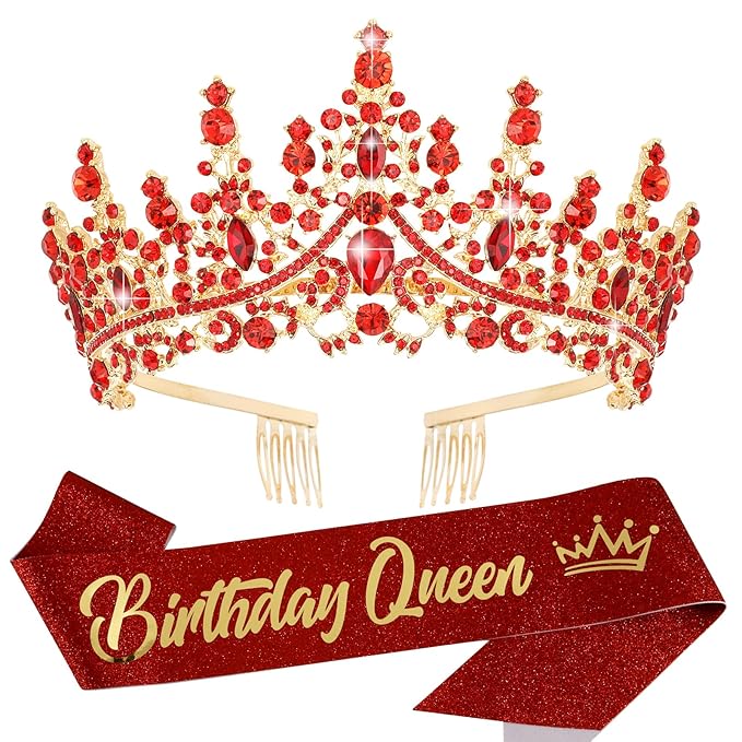 Velscrun Red Crystal Birthday Queen Tiara Crown for Women Girls Birthday Queen Headband Sash Elegant Princess Crown with Combs Hair Accessories Happy Birth Party Decorations Mom Birth Gift