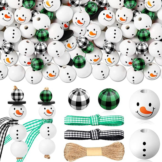 Landical 180 Piece DIY Christmas Snowman Wooden Bead Crafts Christmas DIY Ornaments Buffalo Plaid Wood Round Bead Xmas Print Wooden Beads with Twine Scarf for Crafts (Fresh Colors)