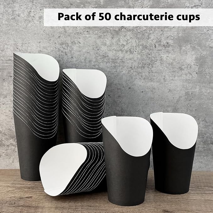 CAMKYDE 50 Pcs Disposable Black Charcuterie Cups, 12oz French Fries Holder French Fry Cups for all Occasions (12oz, Black)