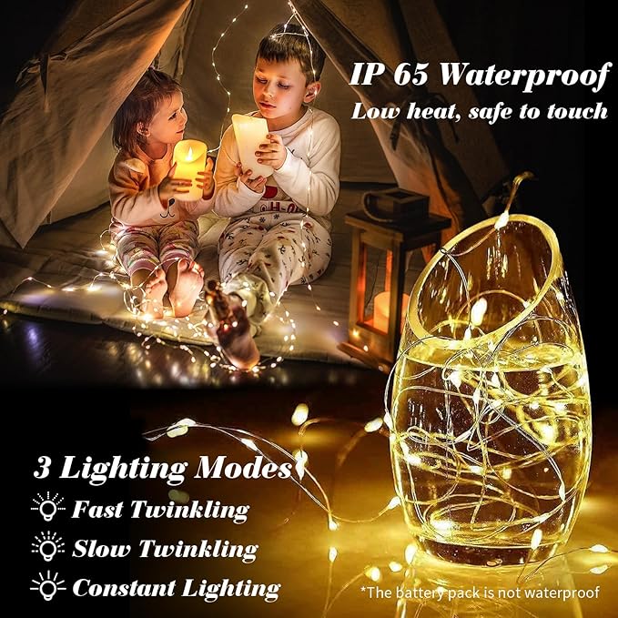 ZGWJ 100 Pack Fairy Lights Battery Operated, 7ft 20 Mini LED Fairy String Lights Silver Wire 3 Modes for DIY, Parties, Wedding, Bedroom, Halloween Christmas Decoration Warm White