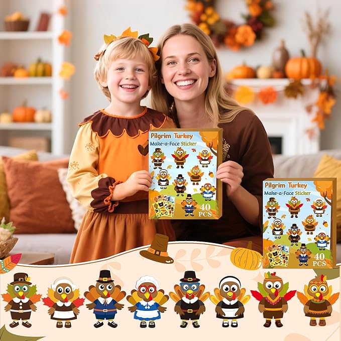 CY2SIDE Thanksgiving Pilgrim Turkey Face Stickers - 40PCS Make Your Own Religious Give Thanks Turkey Stickers Games for Kids, DIY Thanksgiving Gifts for Christian Sunday School Activities Art Project