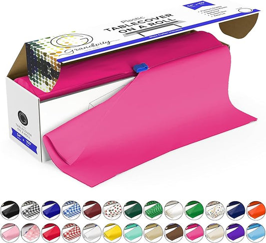 Grandipity Plastic Tablecloth Roll - 54in x 100 Ft. Hot Pink Plastic Table Cloths for Parties Disposable with Cutter Box - Cut to Size Disposable Tablecloth Table Cover for Rectangle & Round
