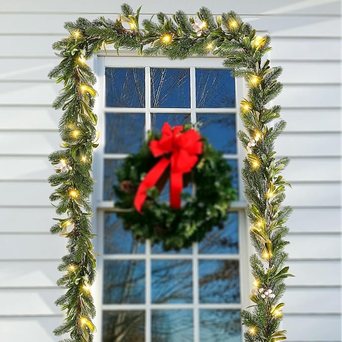 6FT Pre-lit Christmas Pine Garland with Olive Berry,Battery Operated Garlands Xmas with Timer,Faux Greenery Vine for Home Mantle Fireplace Stair Decor