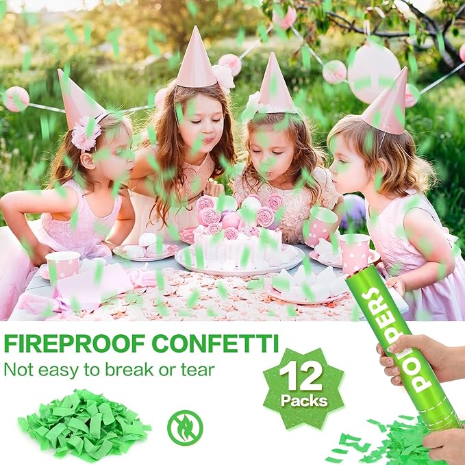 Confetti Cannon 12Pack Green Party Popper Shooters 12 Inch Confftti Poppers for Wedding Birthday Graduation Baby Shower Party Celebrations Supply Launches 20-25ft