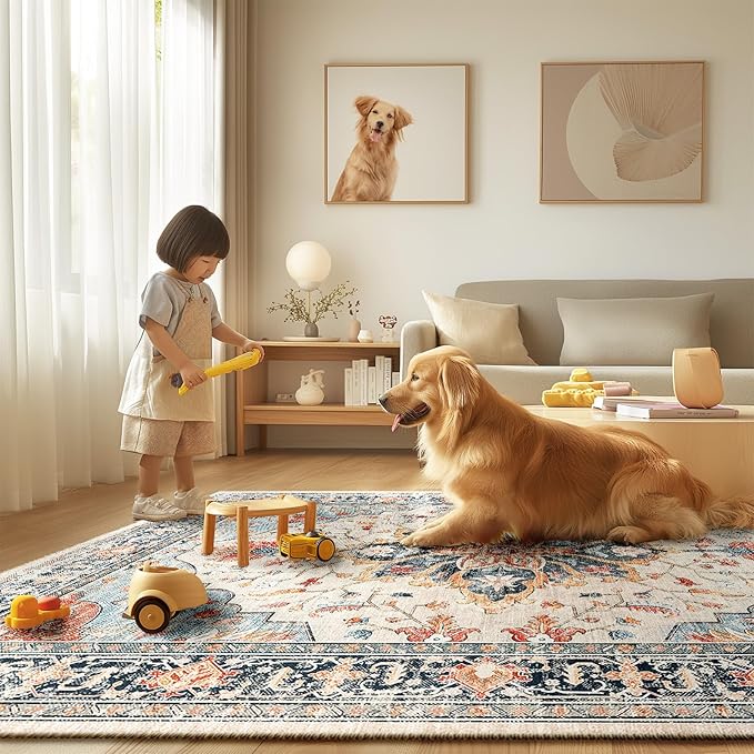 Area Rugs 8'x10' Washable Non-Slip, Floral Vintage Distress Print Pattern Medallion Carpet for Living Room Bedroom Dining Room, Beige Navy Blue Orange Colorful