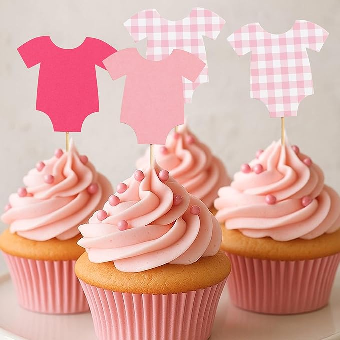 Pink Bodysuit Cupcake Topper - Baby Shower Decoration Pink Gingham Cake Topper,Baby Shower Bunting (pink-topper)