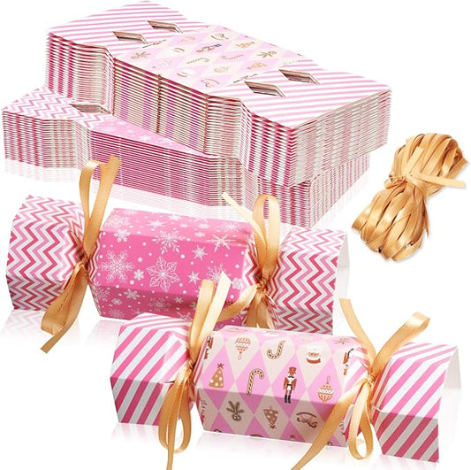 Xinnun 50 Packs Christmas Cracker Kit No Snap Xmas Party Table Favors Snowflake Reindeer DIY Christmas Party Cracker Candy Boxes for Holiday Dinner Decoration Gift(Pink Style)