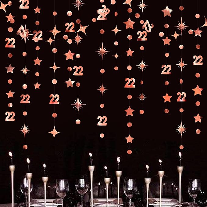 Rose Gold 22nd Birthday Decorations Number 22 Circle Dot Star Garland Streamer Bunting Banner Backdrop for Womens Feeling 22 Twenty Two Year Old Birthday Happy 22th Anniversary Party Supplies