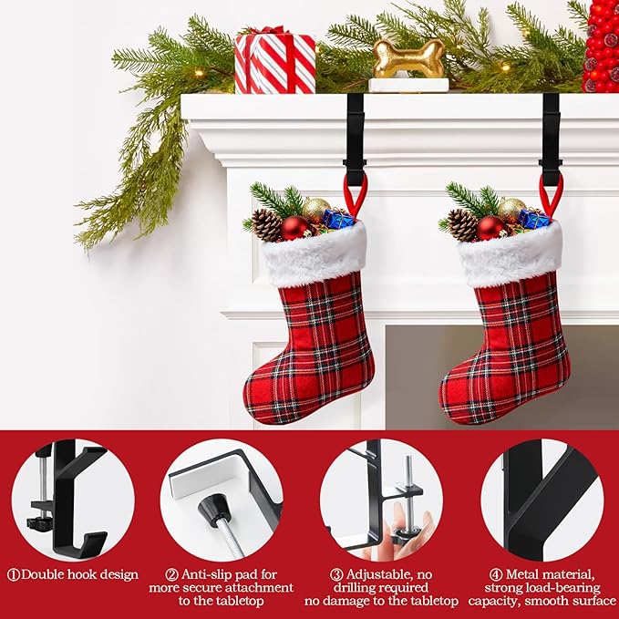 4 Pack Stocking Holders for Mantle for Christmas Decorations,2 in 1 Mantle Garland Holder for Hanging Christmas Stockings,No Drilling Required & Adjustable Garland Hanger, Metal(Black)