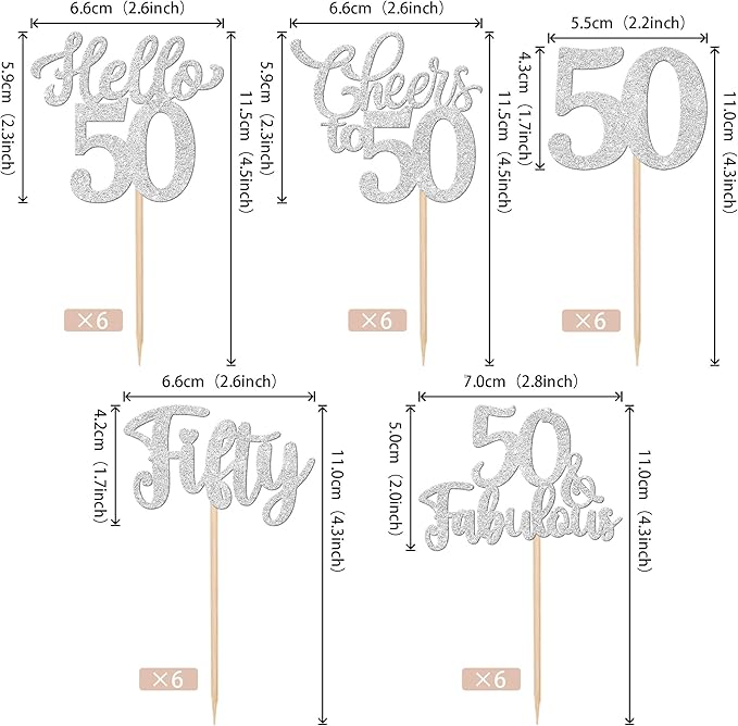 30PCS Happy 50th Birthday Cupcake Toppers Glitter Hello 50 Fabulous Fifty Cheers to 50 Years Old Birthday Cupcake Picks for Happy 50th Birthday Anniversary Party Cake Decorations Supplies Silver