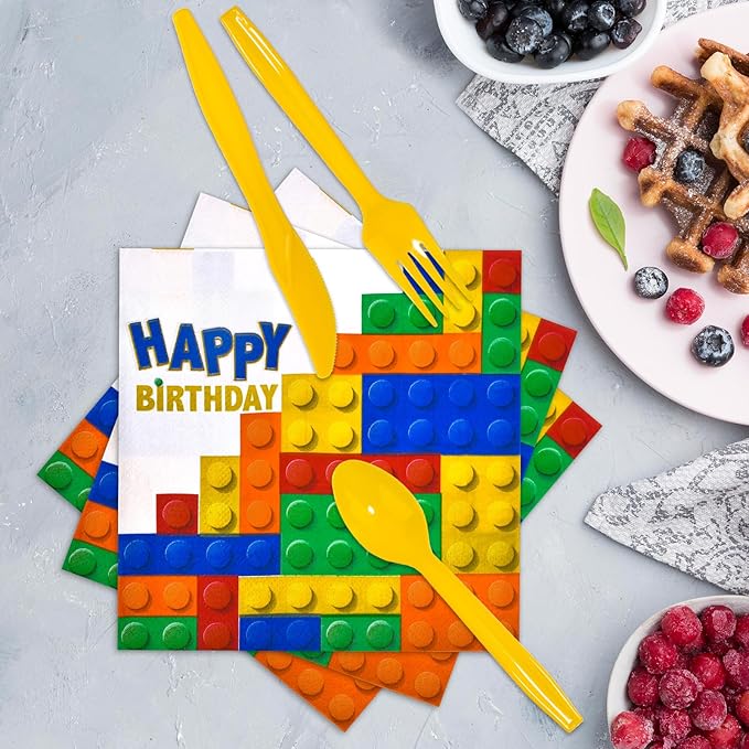 Dylives 180 Pcs Building Block Party Supplies - Birthday Party Decorations Kids Boys Disposable Tableware, Colorful Block Banner, 9" & 7" Plates Napkins Cups Cutlery, Serves 24