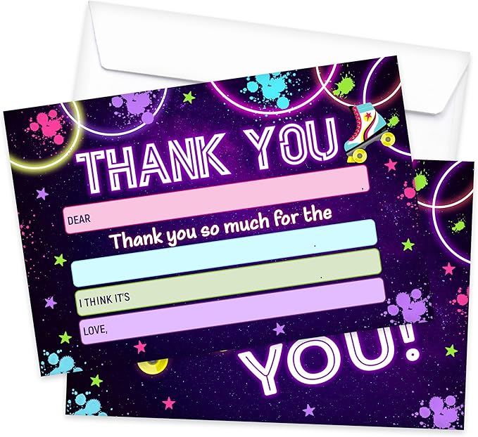 Kids Thank You Card, Retro Disco Theme Thank You Notes, Roller Skate Greeting Card With Envelope, Birthday Wedding Graduation Christmas Party Favors Supplies Decor(20 Pcs)-05