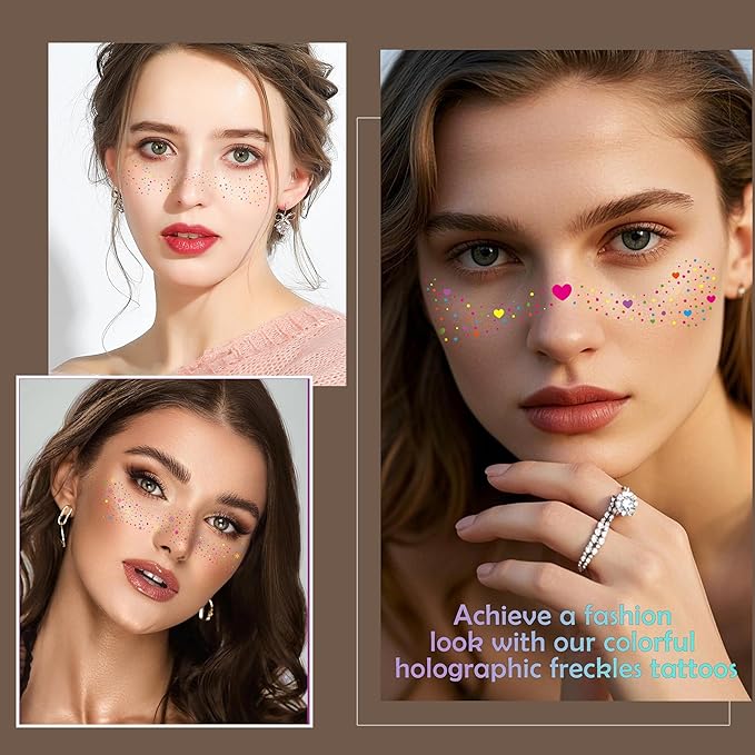 10 Pcs Colorful Glitter Freckles Face Tattoos, Multichrome Rainbow Glitter Freckles Face Tattoos, Waterproof and Long-lasting Face Temporary Tattoos for Women