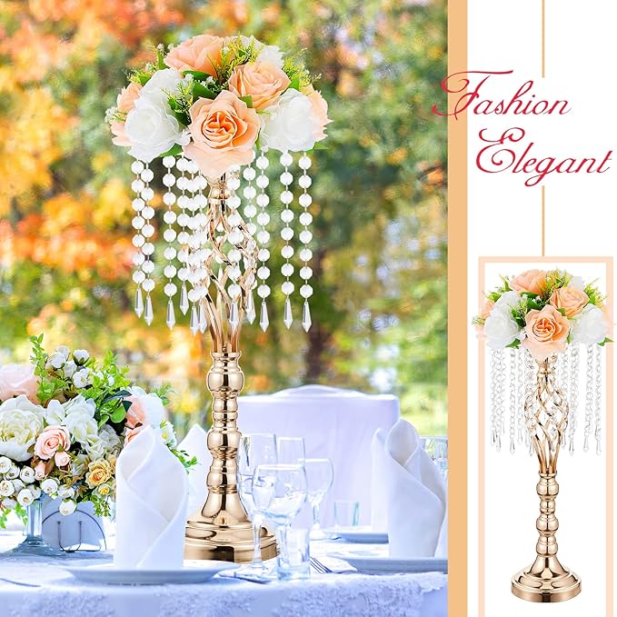 Amylove 10 Pcs Wedding Centerpieces Tall Vases - 21.7 Inch Gold Crystal Geometric Flower Stand, Elegant Table Decor for Wedding Reception, Party, Banquet, Hotel Decorations