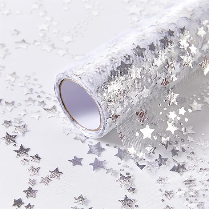YATOJUZI Silver Table Runner,16 Ft Star Sheer Chiffon Tulle Table Runner,Sequin Glitter Metallic Foil Silver Table Decorations Centerpiece for Wedding Birthday Party