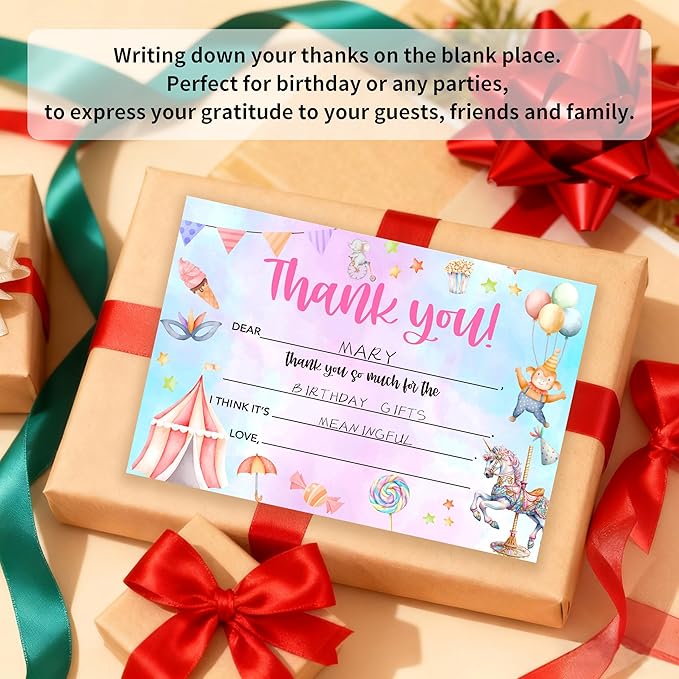 Kids Thank You Card, Carnival Theme Thank You Notes, Circus Greeting Card With Envelope, Birthday Wedding Graduation Christmas Party Favors Supplies Decor(20 Pcs)-02