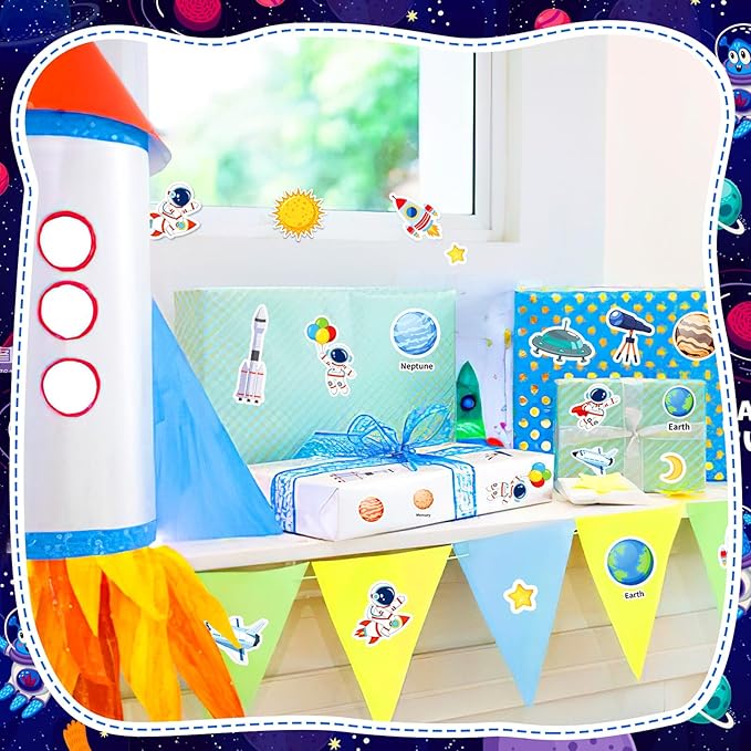 JULBEAR Spaces Foam Sticker for Kids Crafts, 300Pcs Bulk Colorful Planet Astronaut Rocket Self-Adhesive Foam Stickers for Birthday Party DIY Crafts Favor Scrapbooks Decorations Supplies