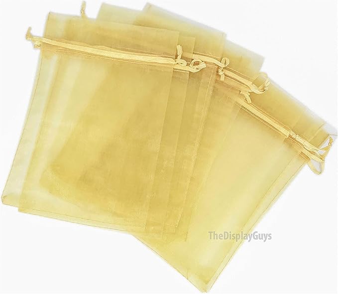 TheDisplayGuys 100-Pack 6x8 Gold Sheer Organza Gift Bags with Drawstring, Jewelry Candy Treat Wedding Party Favors Mesh Pouch