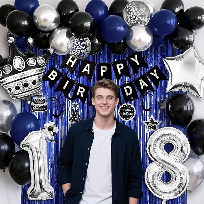 18th Birthday Decorations for Boys and Girls, Black Blue Silver Happy Birthday Number 18 Balloons, Banner, Fringe Curtains Garland Kit - 18 Year Old Party Supplies