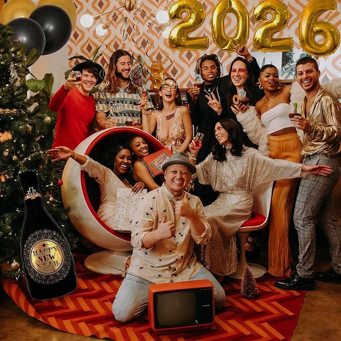 New Years Eve Party Supplies 2026 - 2026 Foil Balloon Banner and Curtains, Photo Booth Props, New Years Eve Decorations Black and Gold Party Supplies Decorations Photography Backdrops