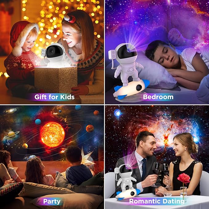 Astronaut Galaxy Projector Light for Bedroom, 12-in-1 HD Nebula Northern Lights Projector with 360° Rotating Projection, Fixed Rocket Night Light with Timer, Gift for Boys Girls Kids