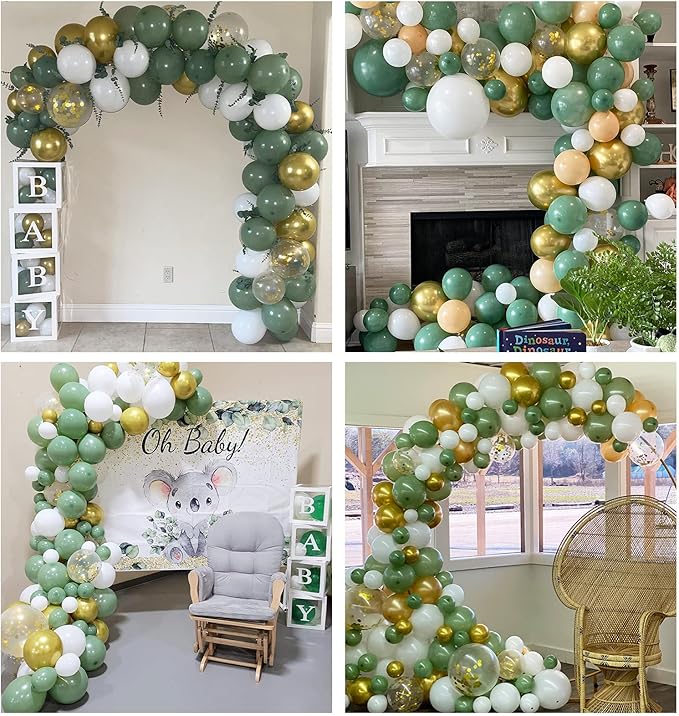 Sage Green Gold Balloons, 12 Inch Green White Metallic Gold Balloons, Olive Sand White Balloon Golded Confetti Latex Balloon for Birthday Wedding Baby Shower Party Decoration