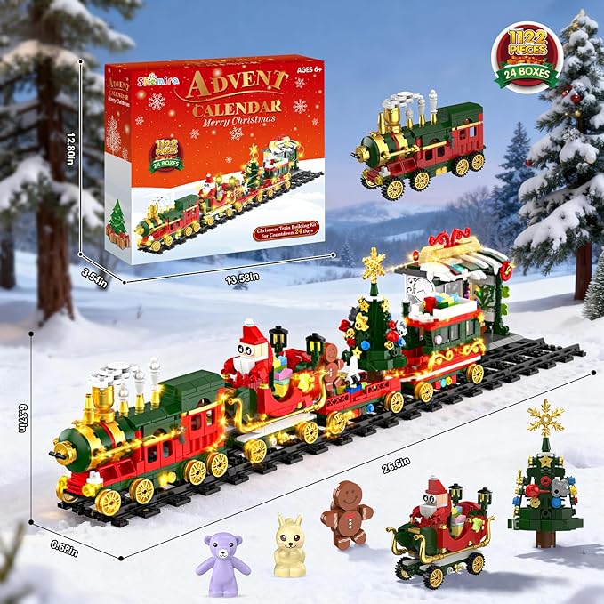 Shemira Advent Calendar 2025 Christmas Train Building Toy Set with Lights, 24 Days Christmas Countdown Calendar Building Blocks, Xmas Gifts Toys Decoration for Kids Teens Adults Boys Girls, 1122 PCS