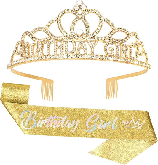 CAVETEE Birthday Crown for Women，Gold Birthday Girl Crowns & Sash - Girl Tiara for Party