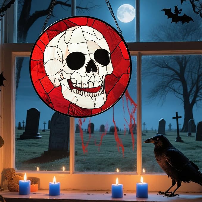 Stained Glass Window Hanging - Halloween Decoration White Skeleton Skull Suncatcher for Door Garden Spooky Red Sun Catchers Gothic Decor Horror Gifts for Women Men Friend Boy Girl 6.3 in