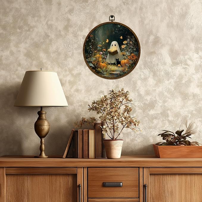 Funny Halloween Ghost and Black Cat Round Wall Art,Gothic Canvas Wall Hanging Decor, Spooky Farmhouse Vintage Round Wall Art for Bedroom Living Room Entryway, Rustic Ghost Gothic Wall Decor,Gift for Halloween 10Inch (Dark-Ghost03)