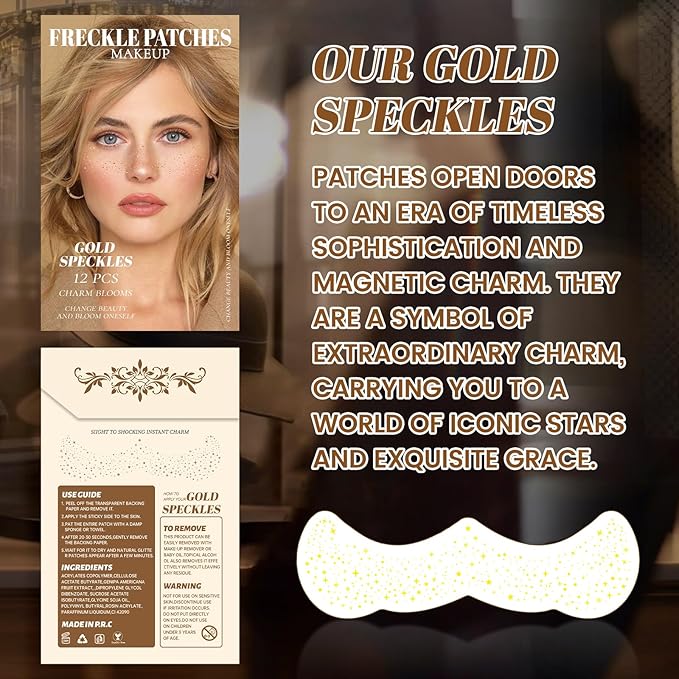 12Pcs Glitter Freckles for Women, Long Lasting Waterproof Holographic Sparkle Temporary Face Tattoo Star Sticker Makeup Patches for Rave Musical Festival Accessories (GOLD FRECKLES)