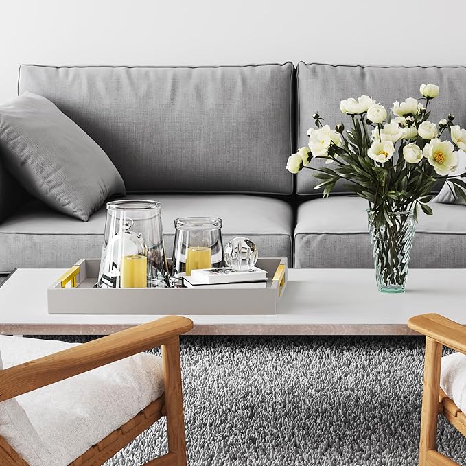 Leather Serving Tray with Gold Polished Metal Handles, Home Decorative Wooden Rectangle Ottoman Decor Platter Bathroom Vanity Tray for All Occasions Grey