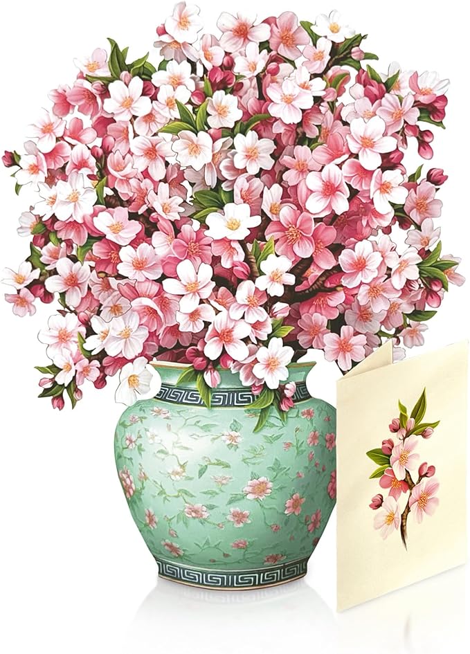 Freshcut Paper Pop Up Cards, Mini Cherry Blossoms, 6 Inch Mini Sized Forever Flower Bouquet 3D Popup Greeting Cards, Birthday Cards, Valentine's Day Card, Blank Notecard & Envelope