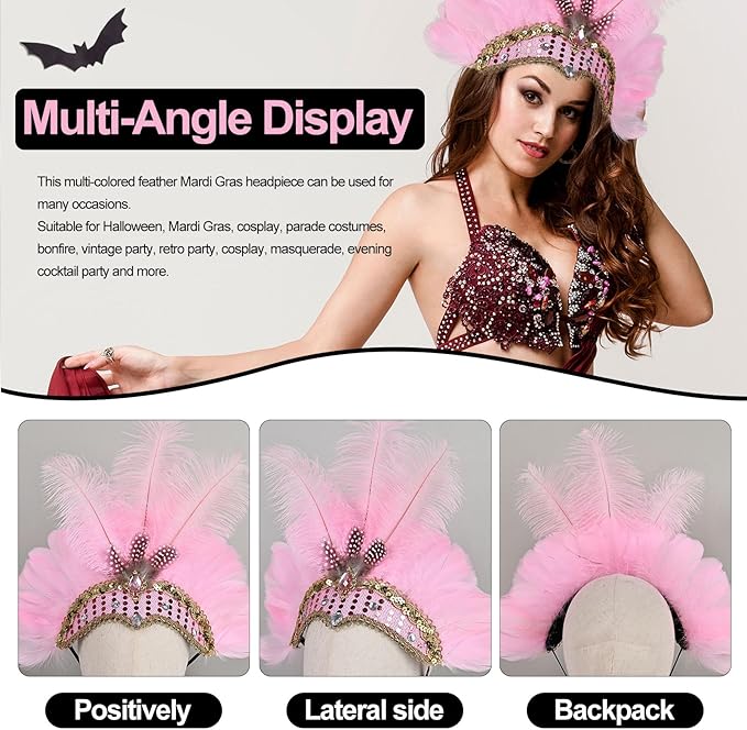 Women's Carnival Feather Headpieces Sequin Headdress for Wedding Masquerade Party Cosplay Feather Headbands