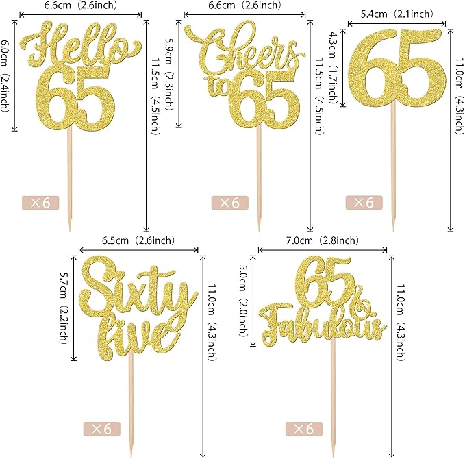30PCS Happy 65th Birthday Cupcake Toppers Glitter Hello 65 Fabulous Sixty Five Cheers to 65 Years Old Birthday Cupcake Picks for Happy 65th Birthday Anniversary Party Cake Decorations Supplies Gold