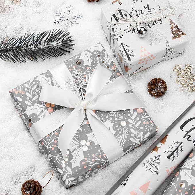 WRAPAHOLIC Christmas Wrapping Paper Set - Rose Gold and Pink Holiday Design with Metallic Foil Shine Wrapping Paper Bundle with Gift Bow & Ribbon & Tag & Sticker