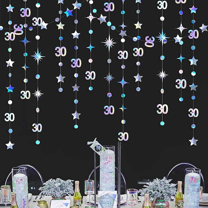 Iridescent 30th Birthday Decorations Number 30 Circle Dot Twinkle Star Garland Metallic Hanging Streamer Bunting Banner Backdrop for Her Dirty 30 Year Old Birthday Thirty Anniversary Party Supplies