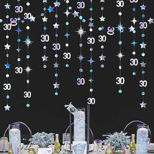 Iridescent 30th Birthday Decorations Number 30 Circle Dot Twinkle Star Garland Metallic Hanging Streamer Bunting Banner Backdrop for Her Dirty 30 Year Old Birthday Thirty Anniversary Party Supplies