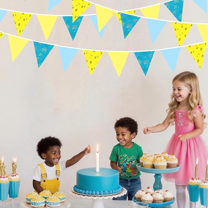 32Ft Cartoon Sponge Party Decorations Yellow Blue Flowers and Bubble Printed Triangle Flag Pennant Banner Fabric Garland Streamer for Kids Sponge Birthday Crtoon Baby Shower Party Decor