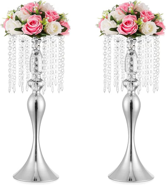 Silver Vases for Centerpieces, 21.3in Crystal Flower Arrangement Stand, Wedding Centerpieces for Tables, Tall Metal Flower Vase Holders for Wedding, Event, Reception, Birthday, Home Decor, 2 Pcs