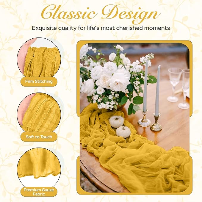 Cheesecloth Table Runner 3 Pack – 35x120 Inch (10ft) Boho Rustic Gauze Cloth Runners – Crinkle Polyester Table Decor for Wedding, Baby Shower, Bridal Shower, Birthday Party and More (Gold Yellow)