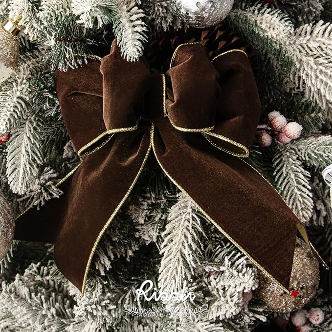 Ribbli Brown Velvet Wired Ribbon 4 Inch Luxury Matte Velvet Christmas Ribbon for Gift Wrapping Christmas Tree Decoration Crafts Wreaths Supplies - 10 Yards