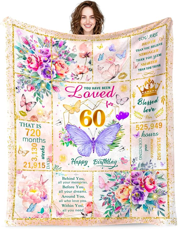 60th Birthday Gifts for Women, Super Soft Unique Fun Purple Butterfly Flower Blanket Gifts for Anniversary Christmas, 60th Birthday Decorations for Women, Cozy Warm Plush Fuzzy Fleece Blanket 60"x50"